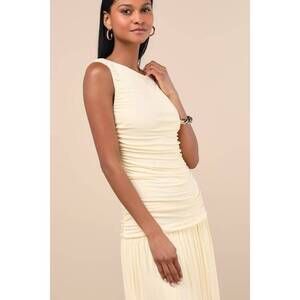 Lulus Tamber Light Yellow Jersey Knit Drop Waist Midi Dress - Size XS